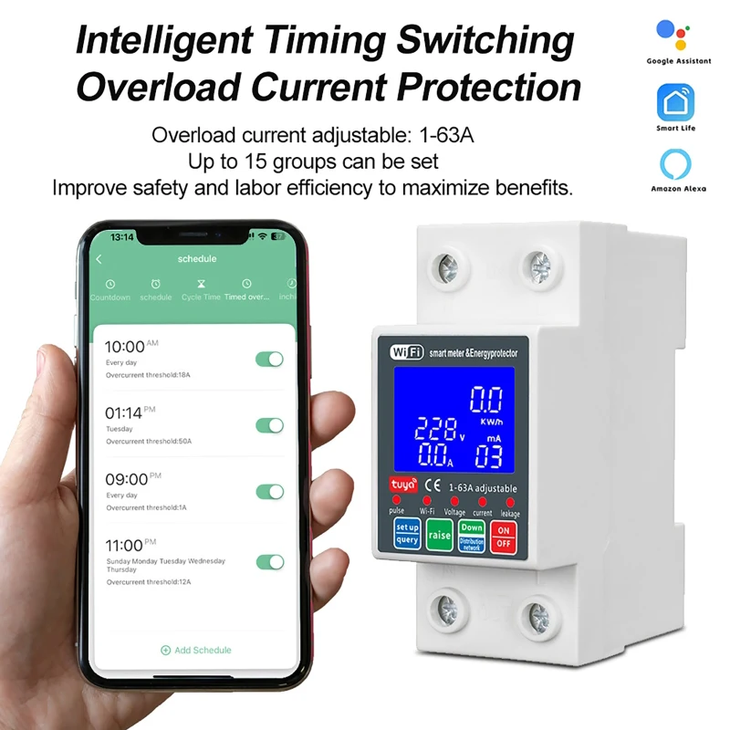 63A 230V WiFi Smart Circuit Breaker App & Voice Control Water Pump Motor Controller Earth Leakage Over Under Voltage Protector