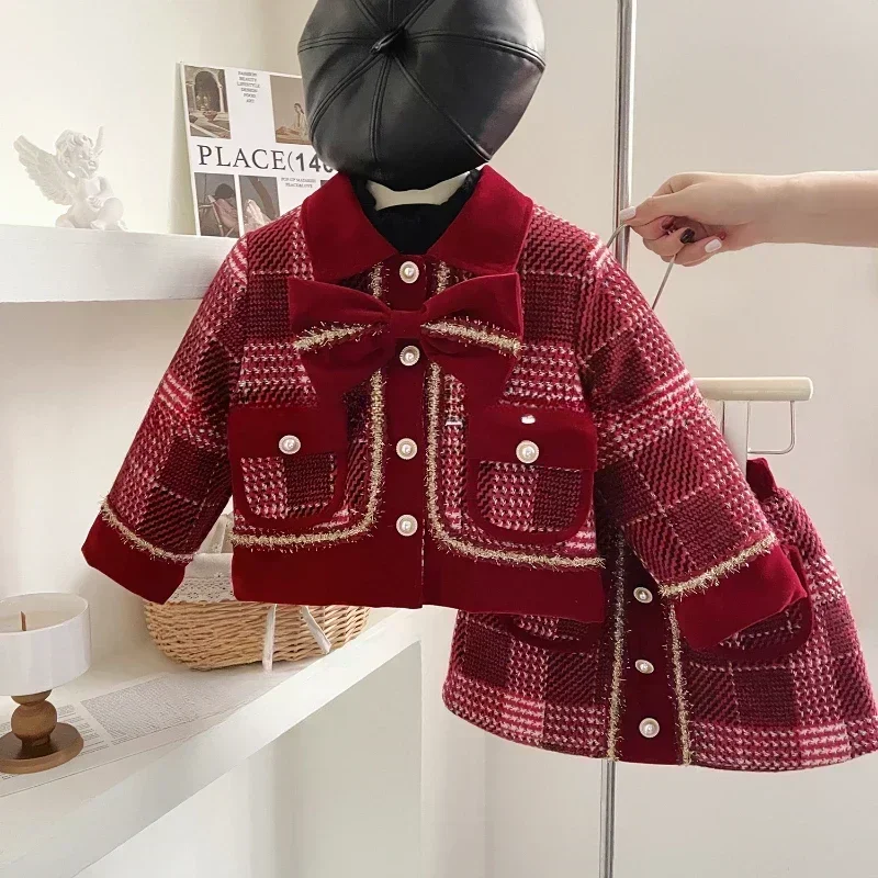 Girl\'s Suit Winter New Wine Red Plaid Girl\'s Small Fragrance Tweed Temperament Long Sleeve Coat + Cotton Skirt Suit