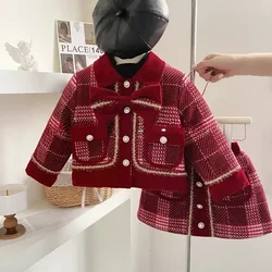 Girl's Suit Winter New Wine Red Plaid Girl's Small Fragrance Tweed Temperament Long Sleeve Coat + Cotton Skirt Suit