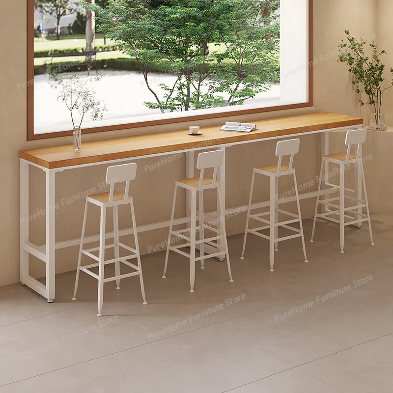 

Commercial Solid Wood Bar Table Set, Long Narrow High Top Table Against Wall for Home Balcony, Milk Tea Shop, Cafe & Bar