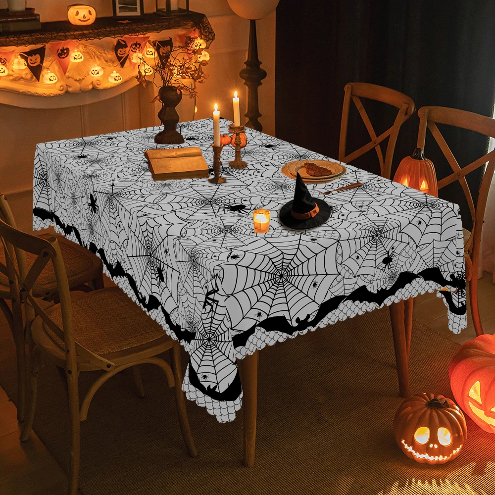 1 Halloween Themed Printed Tablecloth, Multiple Sizes Available, Horror Bat Spider Web Print Design Pattern Party Decoration Tablecloth, Halloween Party Courtyard Tablecloth Decoration, Tablecloth Set for Halloween Home Kitchen, Restaurant Terrace Indoor and Outdoor Use, Gift
