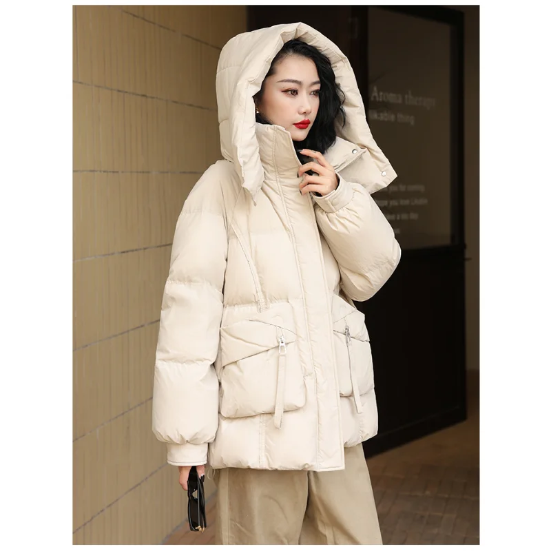 Mid-length Puffer Coats for Women, Casual Loose Jackets, Simple Outerwear Hooded Windproof Parka Thick Warm Down Jackets Fashion