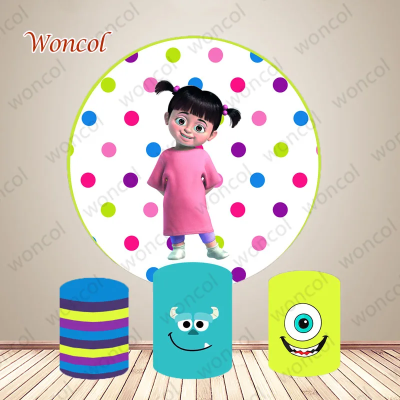 Boo Birthday Round Backdrop 1st 2nd Girls Birthday Backdrop Monsters, Inc. Mike Wazowski James P. Sullivan Cylinder Cover Prop