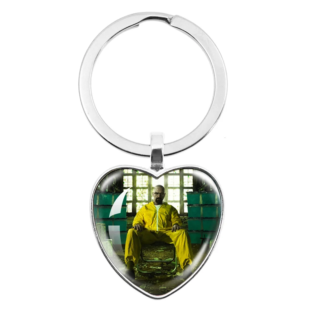 American TV Series Breaking Bad Walter White Los Pollos Hermanos Peach Heart Keychain Glass Cabochon Jewelry Gift Key Ring