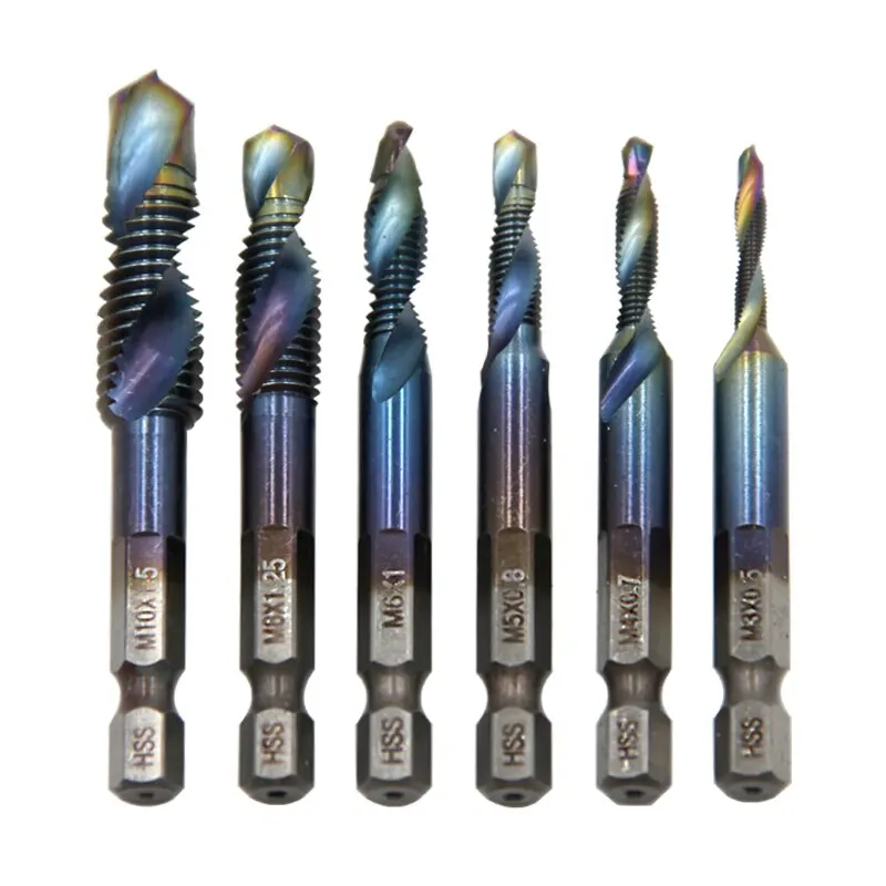 Hexagon Shank 6pc Blue Long Composite Tap Drilling and Tapping Integrated Tap Machine Hole Chamfering Tool Set