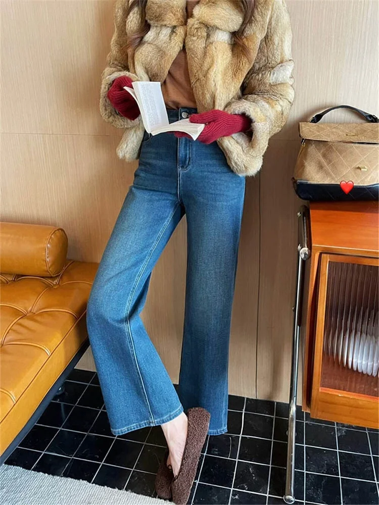 

Синие свободные женские джинсы с высокой талией на подкладке, зимние повседневные широкие брюки, винтажные гонконгские брюки-клеш