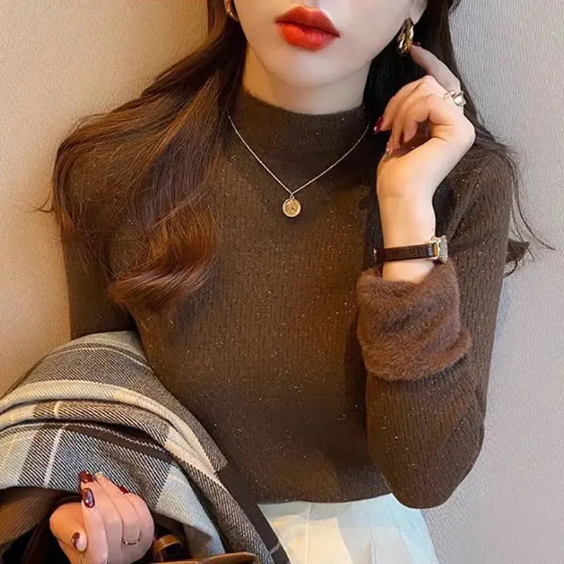 البلوزات مبطنة بالصوف طويلة الأكمام محبوك سترة المرأة البلوفرات الجديدة وهمية الرقبة متماسكة سترة البلوز النساء بلايز تريكو Q2051 #5