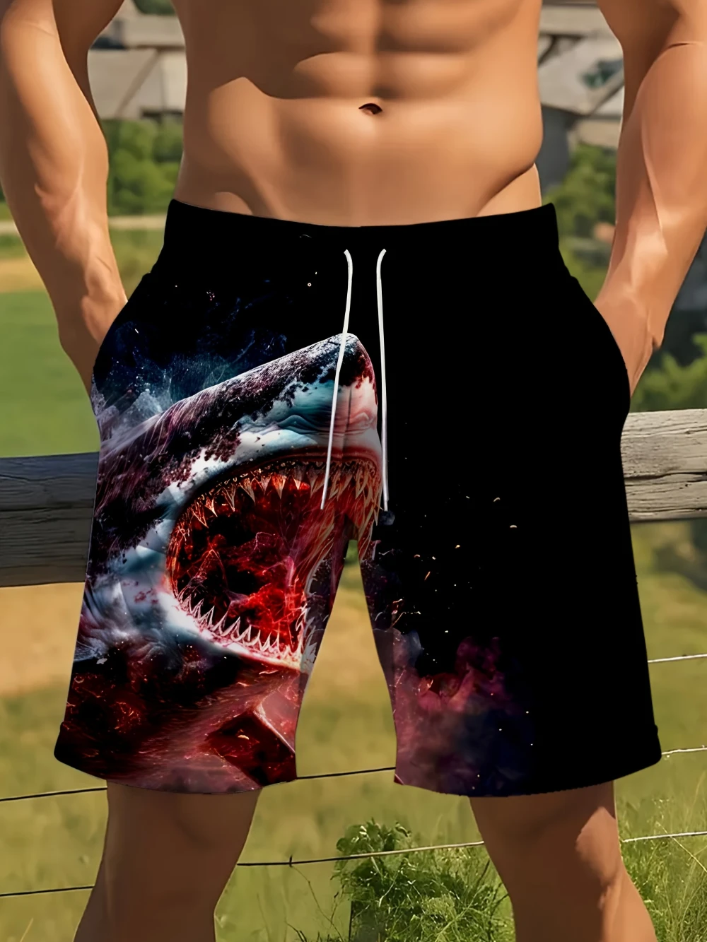 Męskie szorty plażowe z nadrukiem rekina 3D i regulowanym sznurkiem, odpowiednie na letnie wycieczki i na plażę Dynamic Summer Shorts