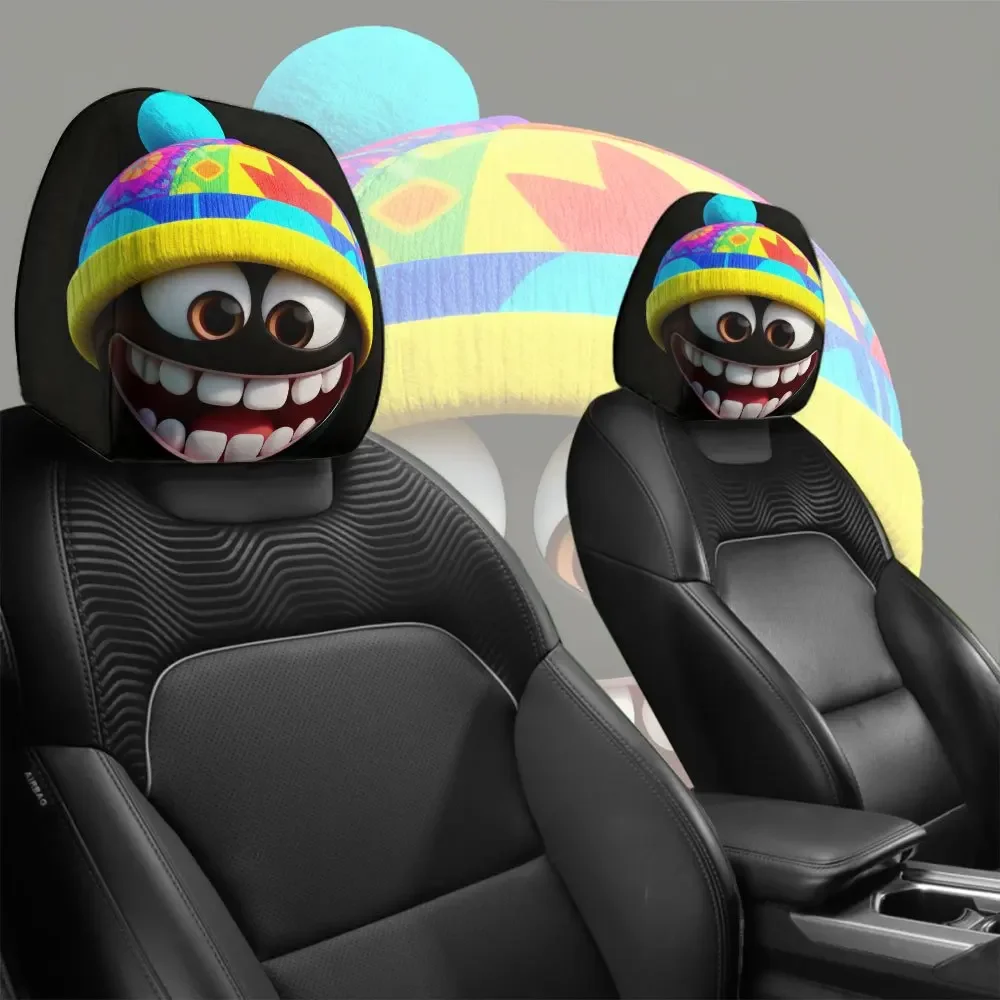2Pcs Cartoon Knitted Cap Big Eyes Funny Face Universal Breathable Car Headrest Cover Stretchable Must Have For Travel