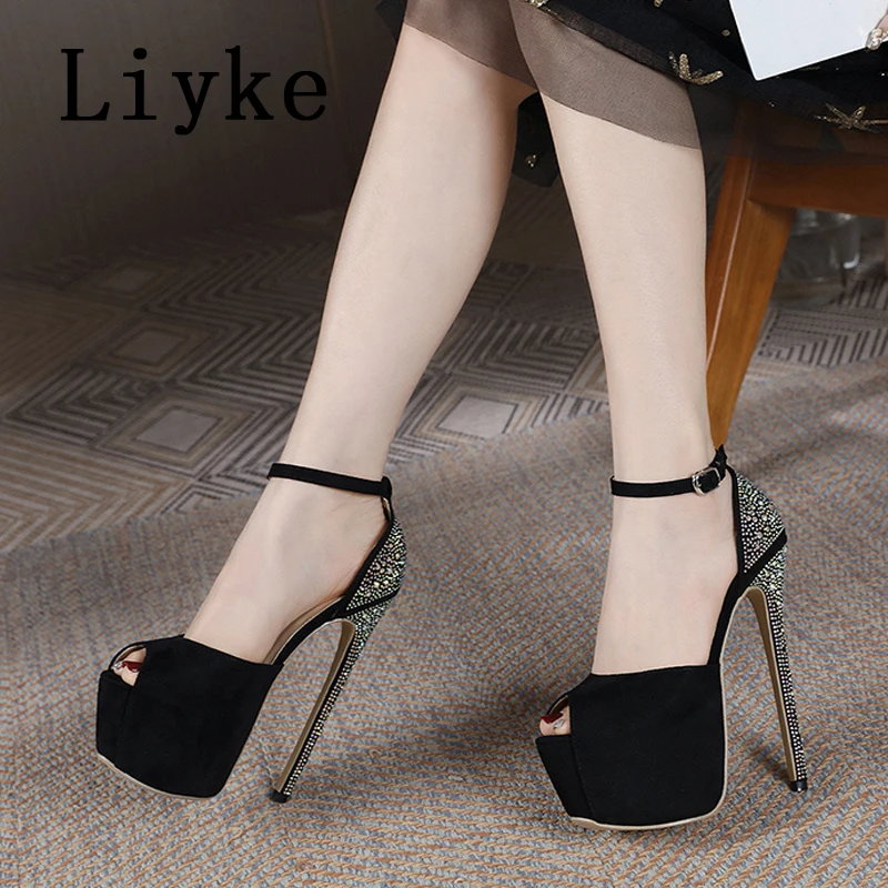 Liyke Runway Style Rhinestones Women Super High Heels Sexy Sandals Open Toe Ankle Buckle Strap Platform Shoes Stiletto Mujer