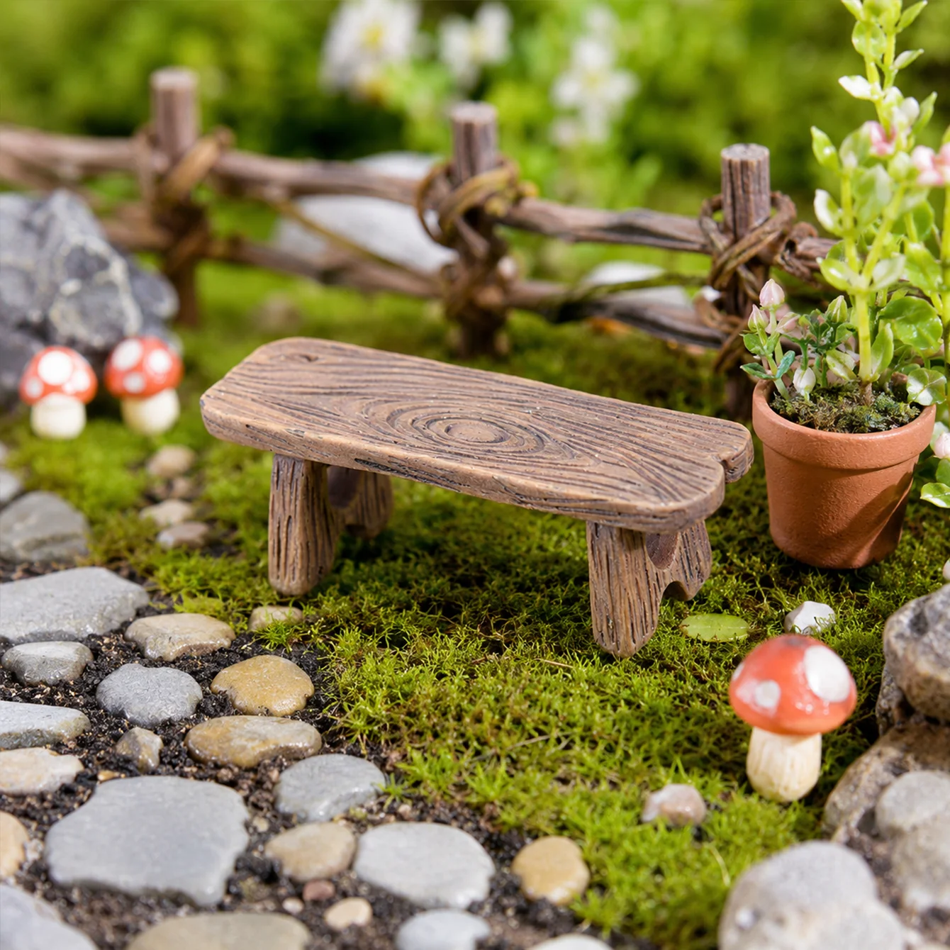 Miniature bench figurine, dollhouse garden landscape decoration, miniature table and chair micro-landscape ornament