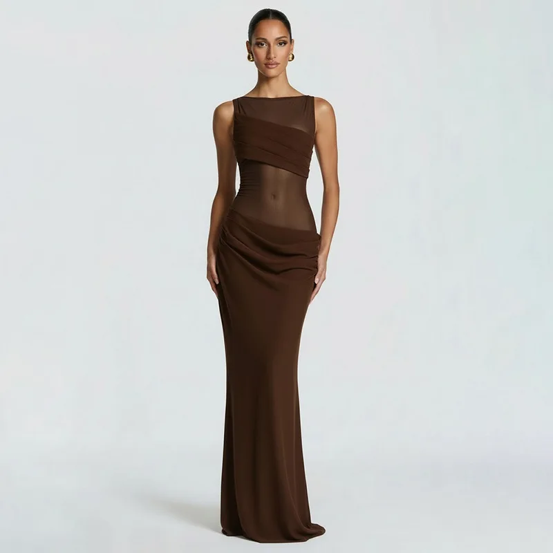 

Typhaland Fashion Sleeveless Mesh Maxi Dress Women's Ruched Splice High Waist Dress 2026 Summer New Solid Streetwear Gown Dress