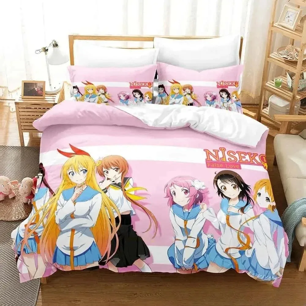 Gambar 3D Anime Nisekoi Set seprai cinta palsu anak laki-laki Perempuan ukuran Ratu kembar penutup selimut ukuran raja sarung bantal kasur anak laki-laki dewasa tekstil rumah