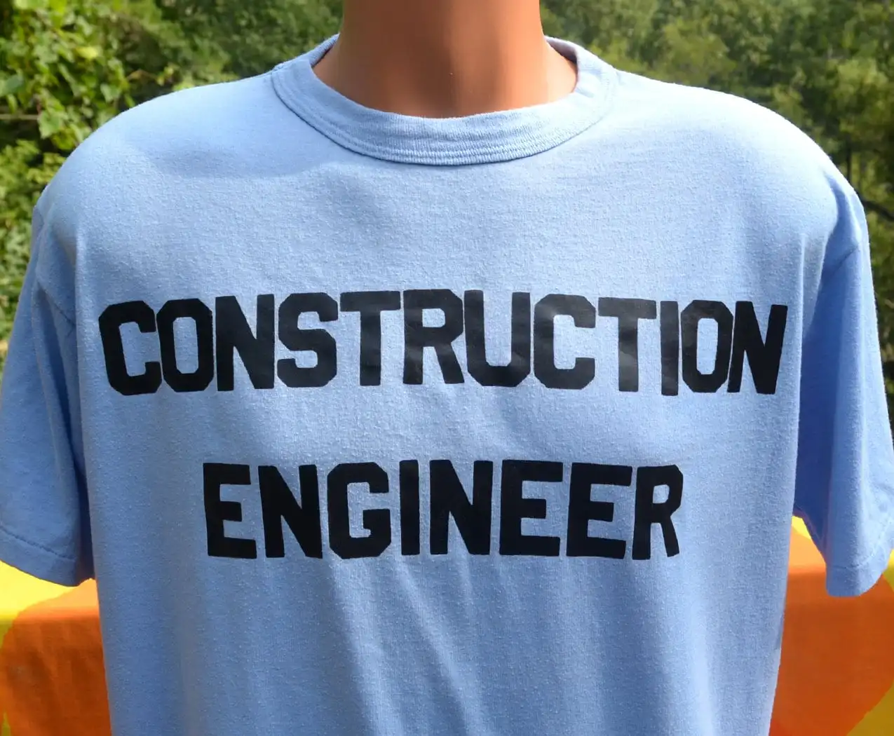 vintage 80s t shirt construction ENGINEER builder flocked tee Large blue funny