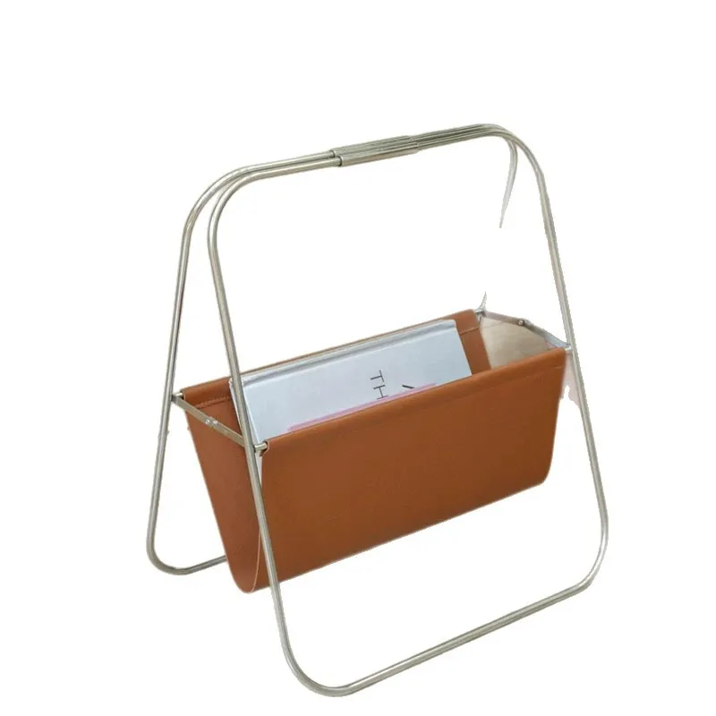 Vintage Nordic Stainless Steel Leather Magazine Rack, Foldable Newspaper Holder & Floor Storage Shelf Mid-Century Book Organizer