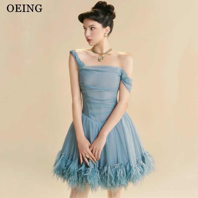 

OEING Elegant A-Line Blue Prom Dress Spaghetti Strap Draped Party Gowns Mini Feathers Evening Dress Customized