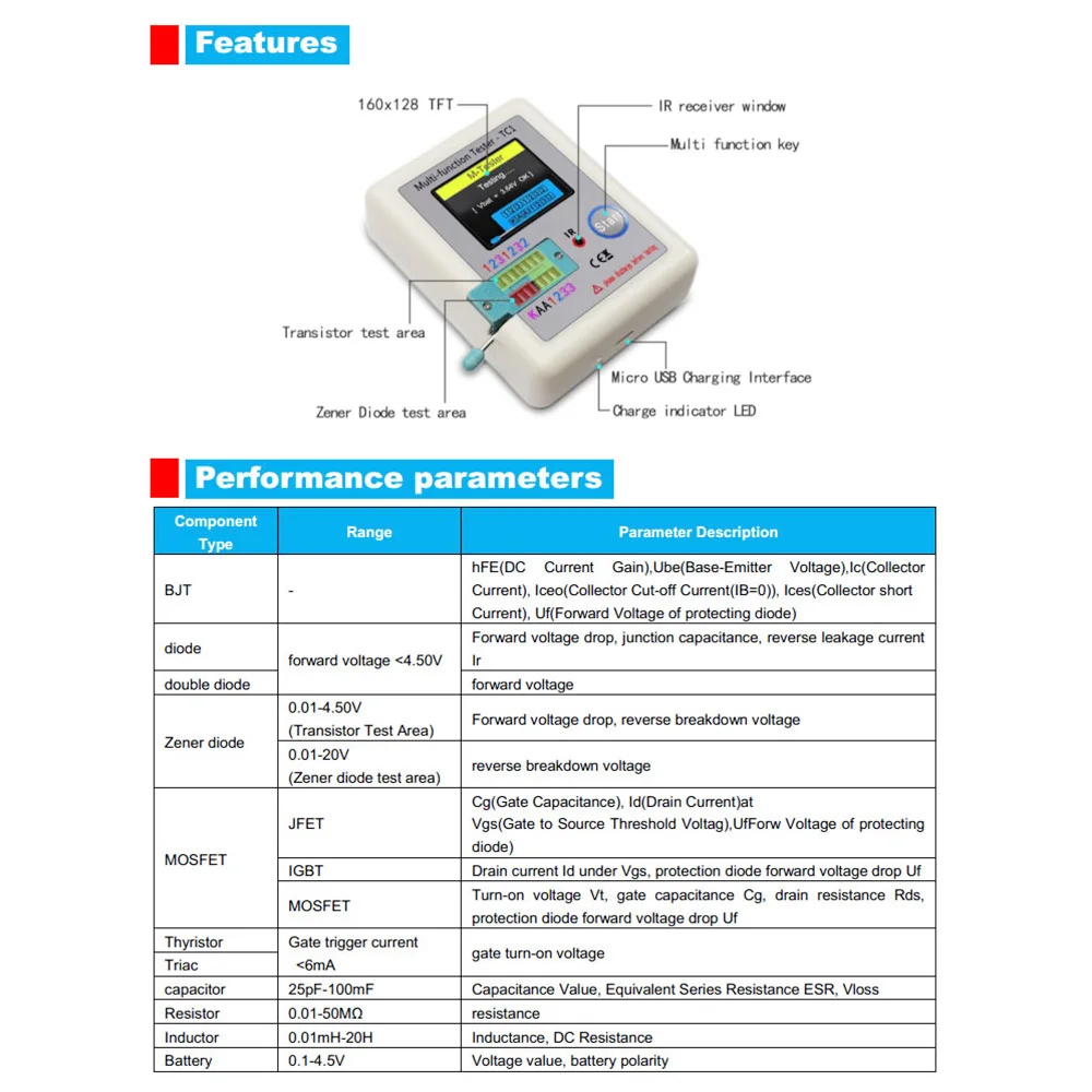 LCR-TC1 Transistor Tester 0.01-4.5 V Diode Triode Capacitor Resistor Tester Transistor TFT Backlight Multifunctional Meter