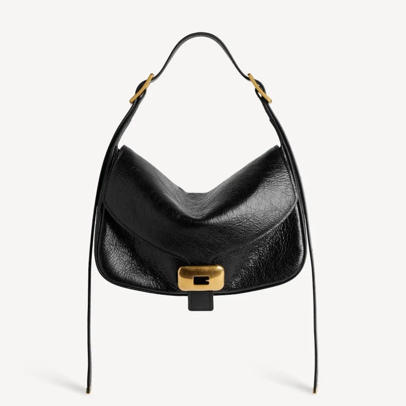 Women's Clicca Shoulder Bag Summer 2026 Trend Fashion Black Textured Leather Aged-gold Hardware Luxury Designer Crossbody Bag