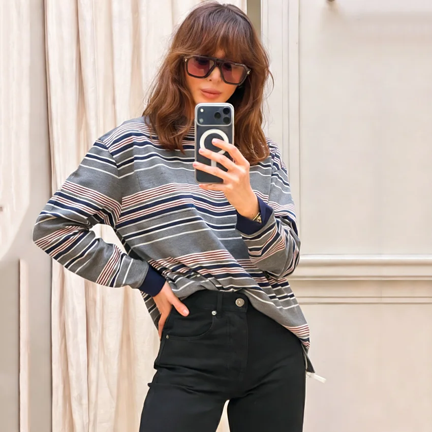 

Linad Street Chic Stripe O Neck Tees Female Casual Loose Long Sleeve T Shirts Women 2026 Spring Fashion Knitted Ladies Tops