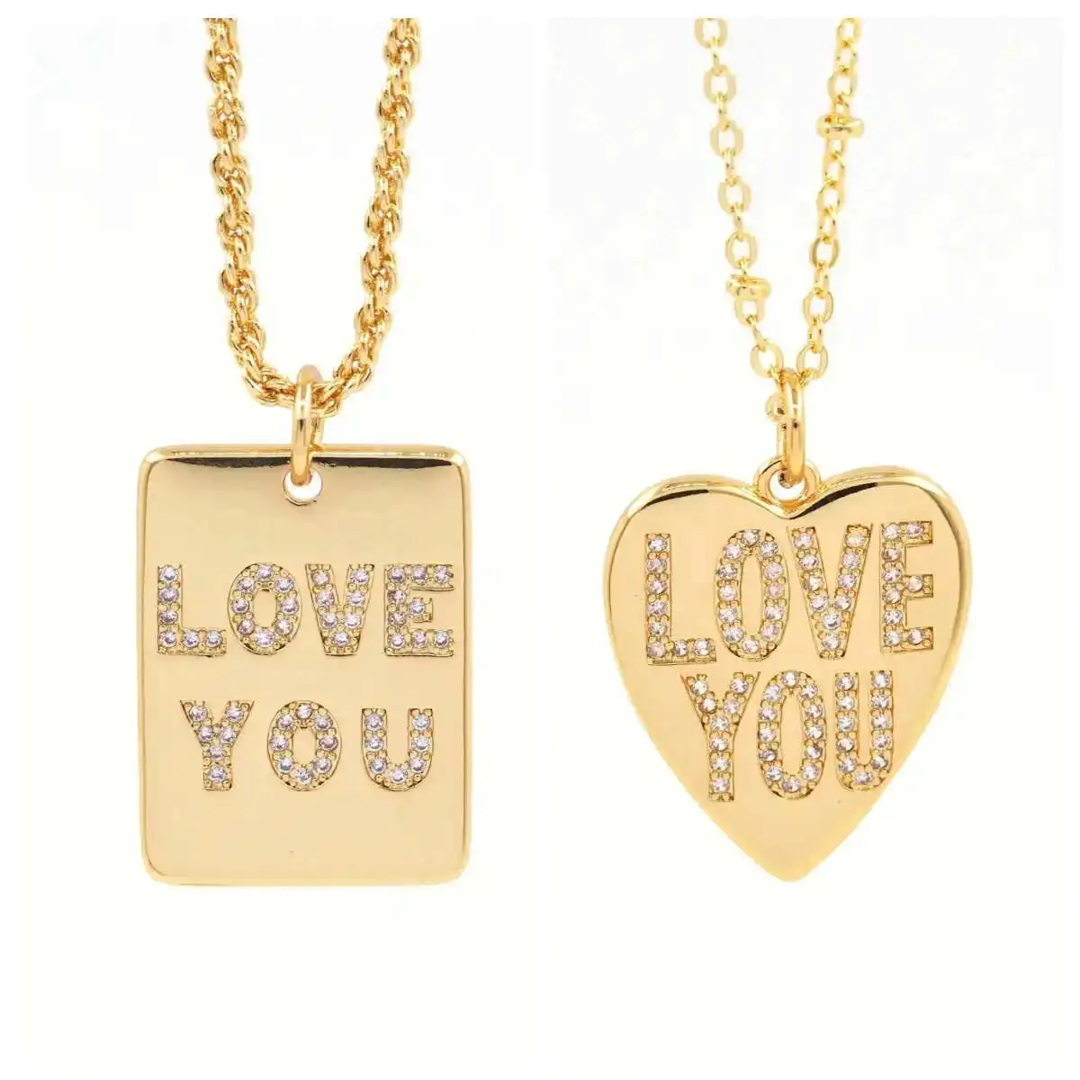 Romantic Rectangle/ Heart Love You Letters Pendant Necklace Jewelry Gold Plated Brass Inlaid Zircon Necklace Women Men Jewelry