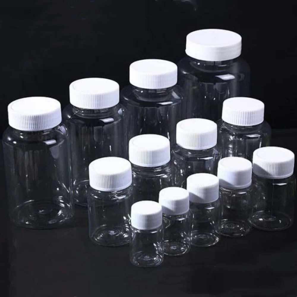 Botellas de plástico PET rellenables, envase de boca ancha transparente sellado para medicina líquida, venta al por mayor, 15ml-100ml