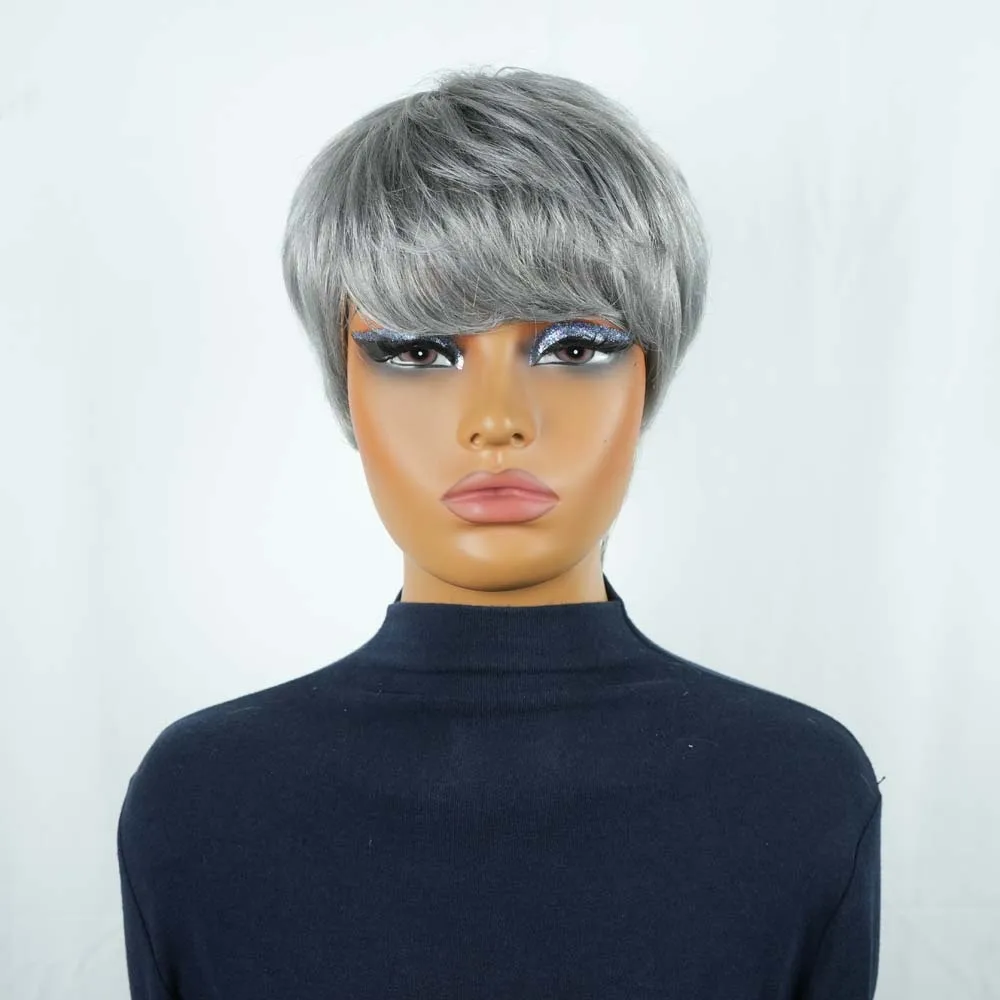 실버 그레이 픽시컷 가발 인모 스트레이트 앞머리 있는 짧은 레이어드 보브 가발 흑인 여성용 풀 머신 메이드