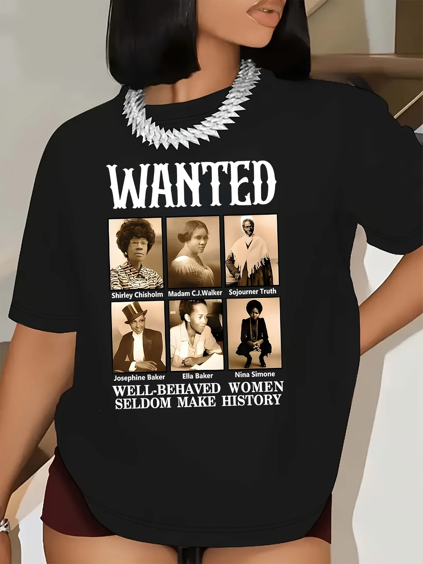 Empowering Damen-T-Shirt mit History-Porträt- und Buchstabenaufdruck – weiches Polyester, Rundhalsausschnitt, kurze Ärmel, entspannte Passform