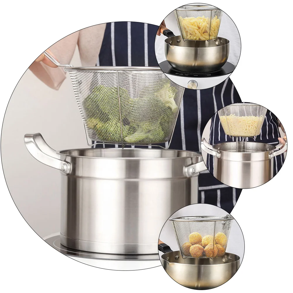 Stainless Steel Frying Basket Chicken Nugget Fried Dish Pan Iron Wire Food Colander with Long Handle Tool Dad Hot Pot