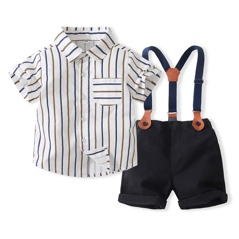 4Piece Summer Kids Clothes Toddler Boy Outfits Fashion Stripe Short Sleeve T-shirt+Shorts+Straps+Tie Baby Clothing Set BC2359-1