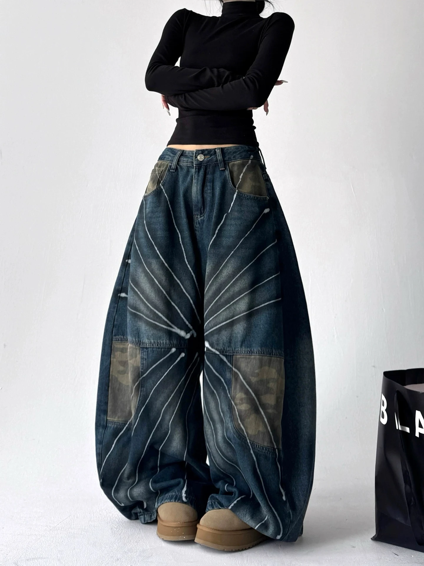 Y2k americano retro jeans feminino lavado camuflagem outono inverno cintura alta solto ajuste curvo calças versáteis na moda