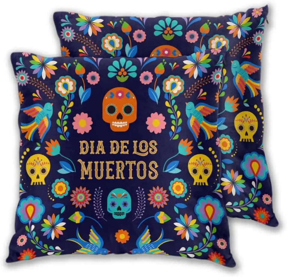 Day of The Dead Pillow Covers 18x18 Inch Set of 2,Dia de los moertos colorful Mexican flowers skulls halloween Polyester