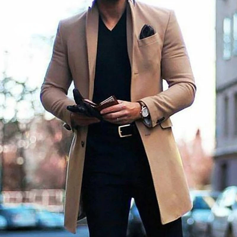 Winter Men Coat Fashion Mens Khaki Baggy Long Trench Coat, Classic Autumn and Winter Long Jacket, Men Casual Coat