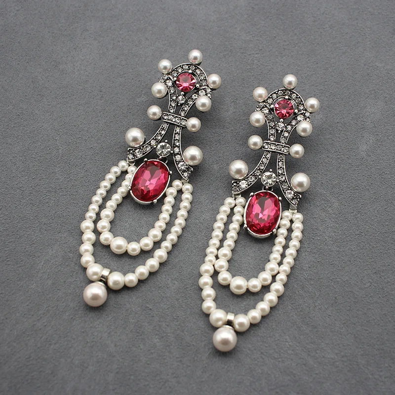 

European and American Fashion Vintage Crystal Set With Long Pearl Fringe Pendant Earrings Women's Jewelry