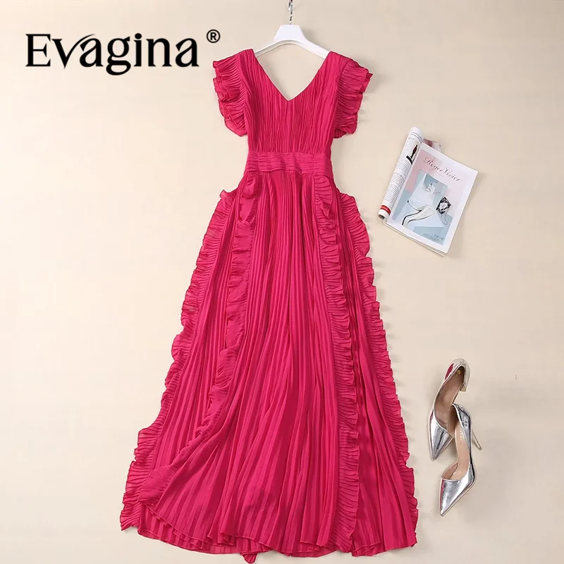 

Evagina Summer Women's Pleated Dress Sexy V-Neck Fashion Butterfly Sleeve Elegant Flounced Edge Evening Dresses