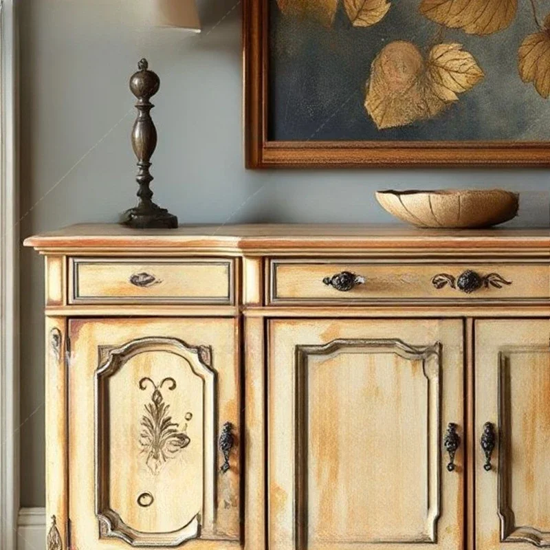 French retro solid wood painted entrance cabinet living room decorative cabinet multi-drawer display cabinet locker