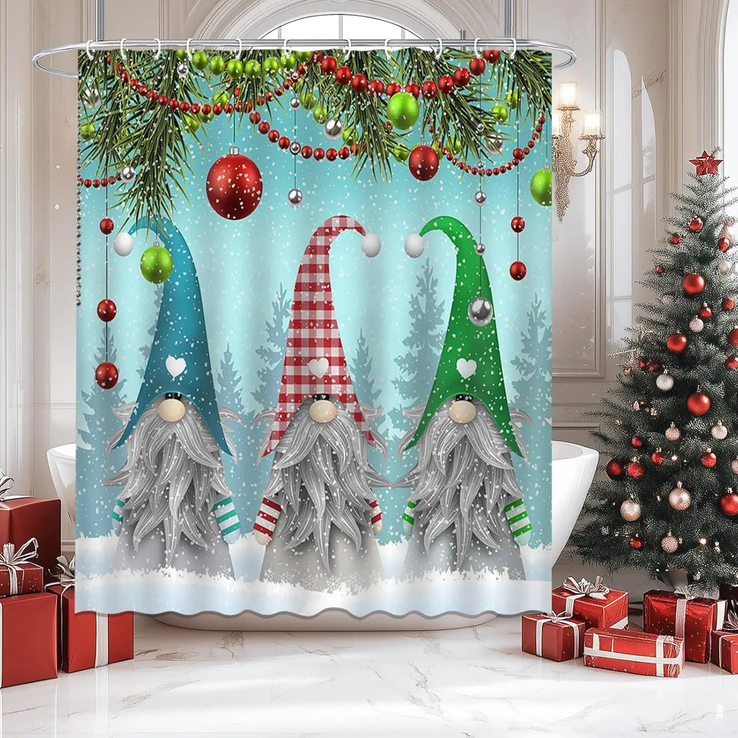 

Christmas Gnome Shower Curtain Gnome Santa Claus Pine Tree Winter Xmas Holiday Christmas Shower Curtain Bathroom Bathtub
