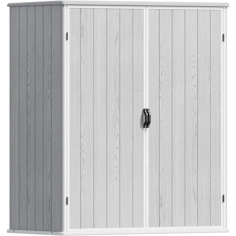 Outdoor Storage Shed for Patio and Garden Use, Resin Material, Gray Color, Waterproof and Lockable with Floor