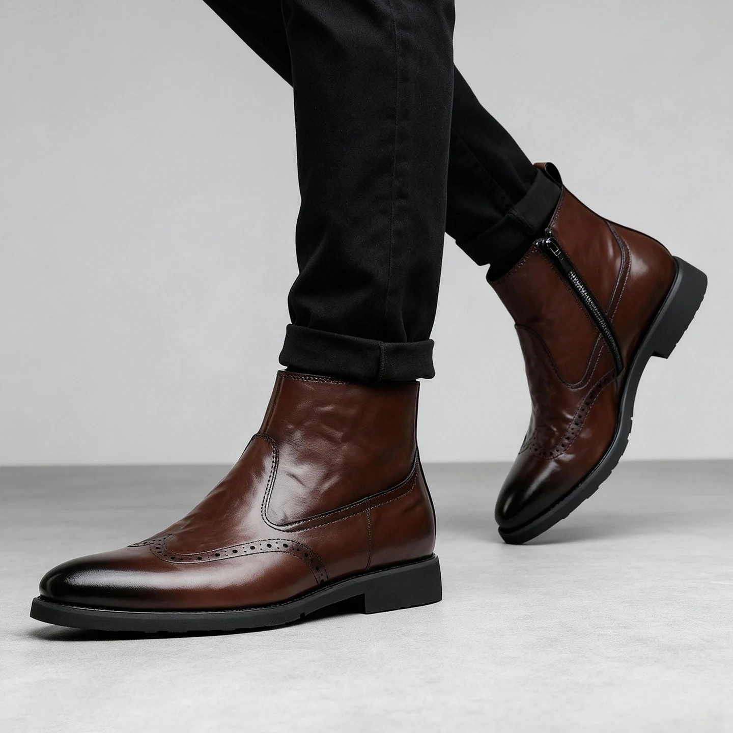 

British Style Leather Pointed Chelsea Boots Men's Winter Business Brock Carved Outdoor Velvet Warm Short Boots Increase Height