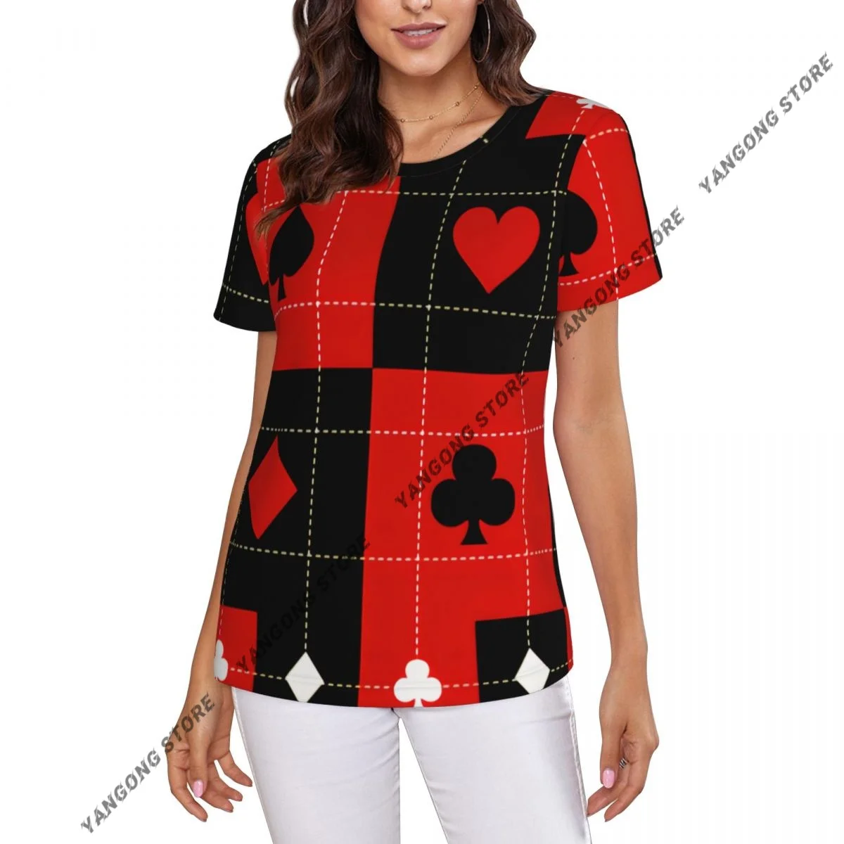 Women's T-shirt Card Suits Chess Board Background Tshirt Women Casual O-Neck Short Sleeve Tops Tees Clothing