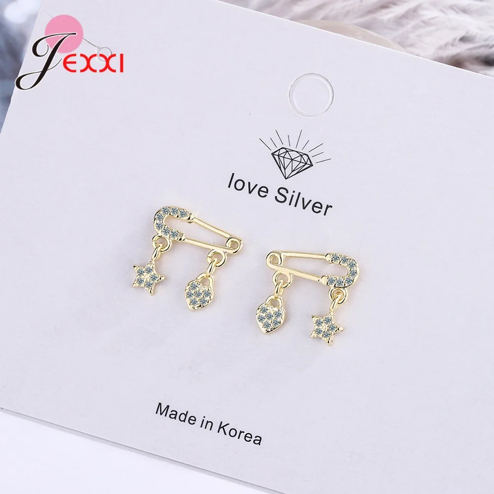 925 Sterling Silver Cute Gold Silver Paperclip Crystal Star Heart Charms Stud Earrings For Women oorbellen pendientes