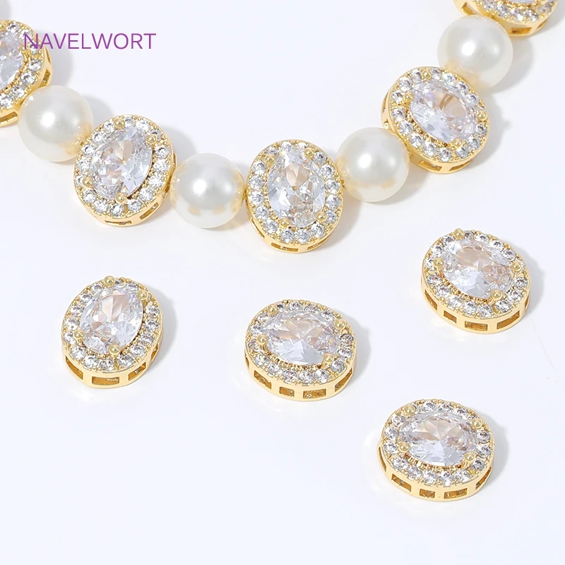 18K Gold Plated Oval Spacer Beads For Jewelry Making,Inlaid Zircon Beads Separators,DIY Bracelet Necklace Making Findings - view 2