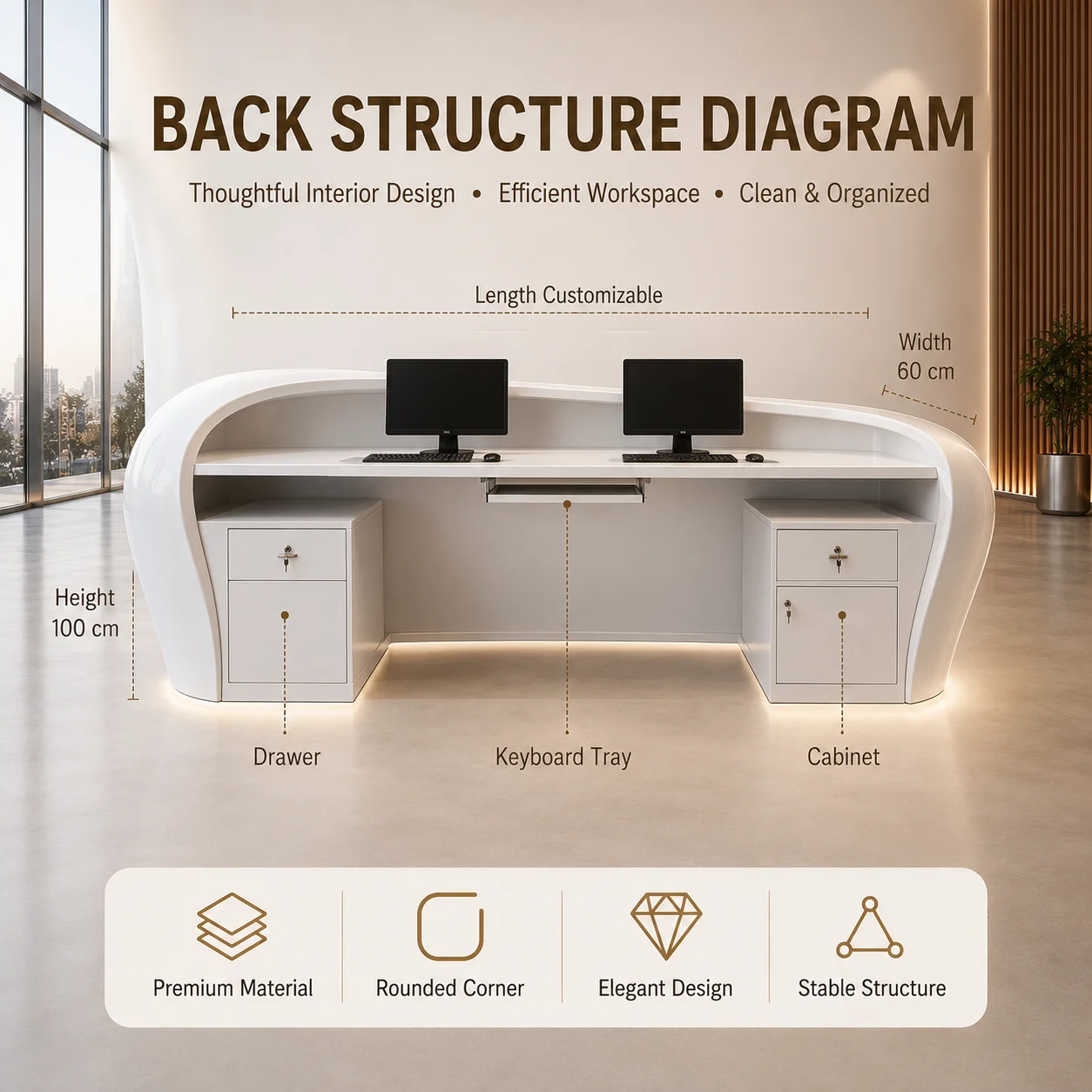 Modern Curved LED MDF Eco-Friendly Reception Desk Custom Size Office Front Counter Luxury Wave Shape Reception Table Company