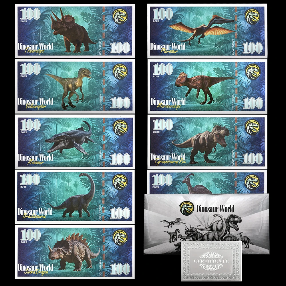 9Pcs Dinosaur World Plastic Collectible Cards Set Double-Sided Jurassic Souvenir Notes with Envelope Gift for Kids Fans