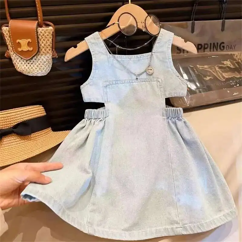 

New Summer 2 - 7 Years Old Girls' Blue Denim Sling Dress with Waist - revealing Design - Stylish Summer Outfit