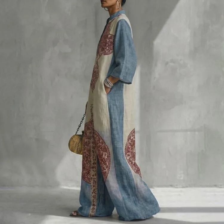 UOOZEE Women's Vintage Ethnic Printed V-Neck Kaftan Jumpsuits 2026 New 3/4 Sleeves Loose Pockets Muslim Casual Wide Leg Overall