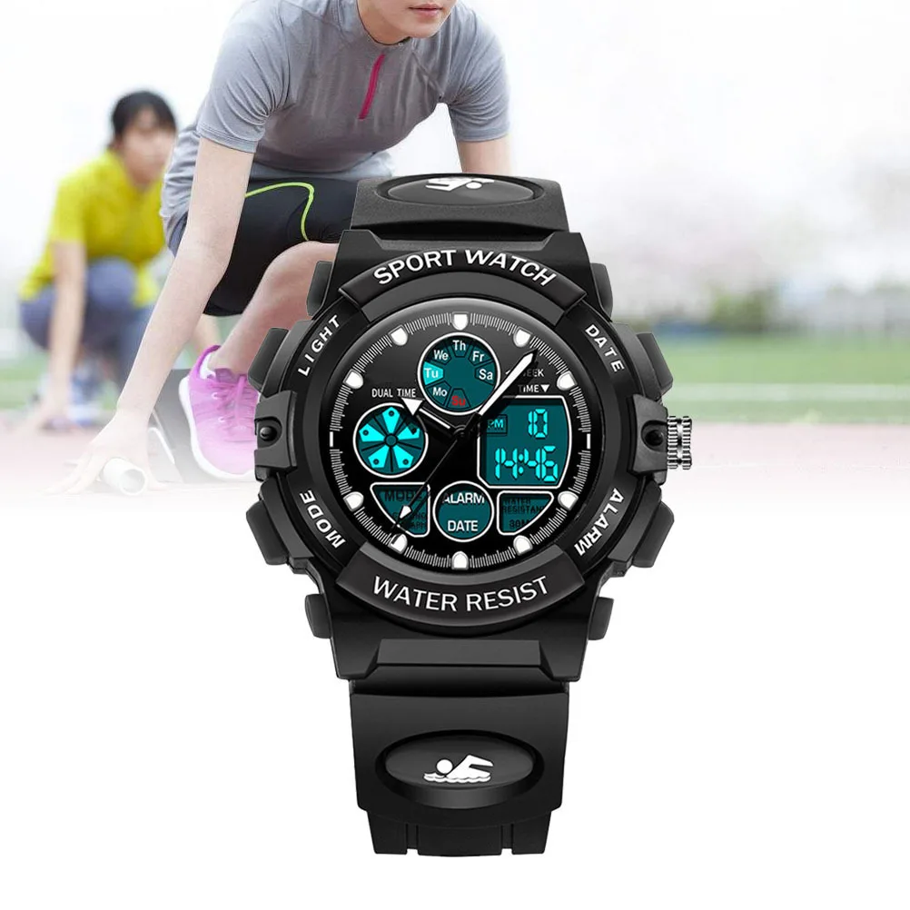 Digital Watch 30M Waterproof Large Dial LED Light Alarm Calendar Stopwatch Dual Time Wristwatch Black for
