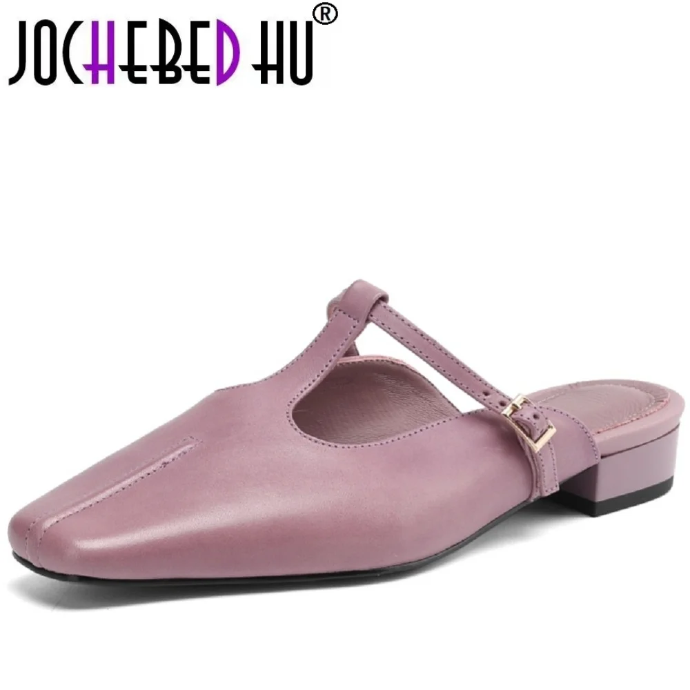 

【JOCHEBED HU】Ручная работа из коровьей кожи с квадратным носком на низком каблуке с Т-образным ремешком, элегантный роскошный бренд для подиума, 34-41