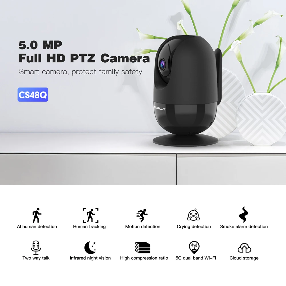 Vstarcam-Câmera de Rede Sem Fio, 4MP, Visão Noturna, AI, Rastreamento Automático, Interior, WiFi, Pan Tilt, Monitor de Bebê, CS48Q