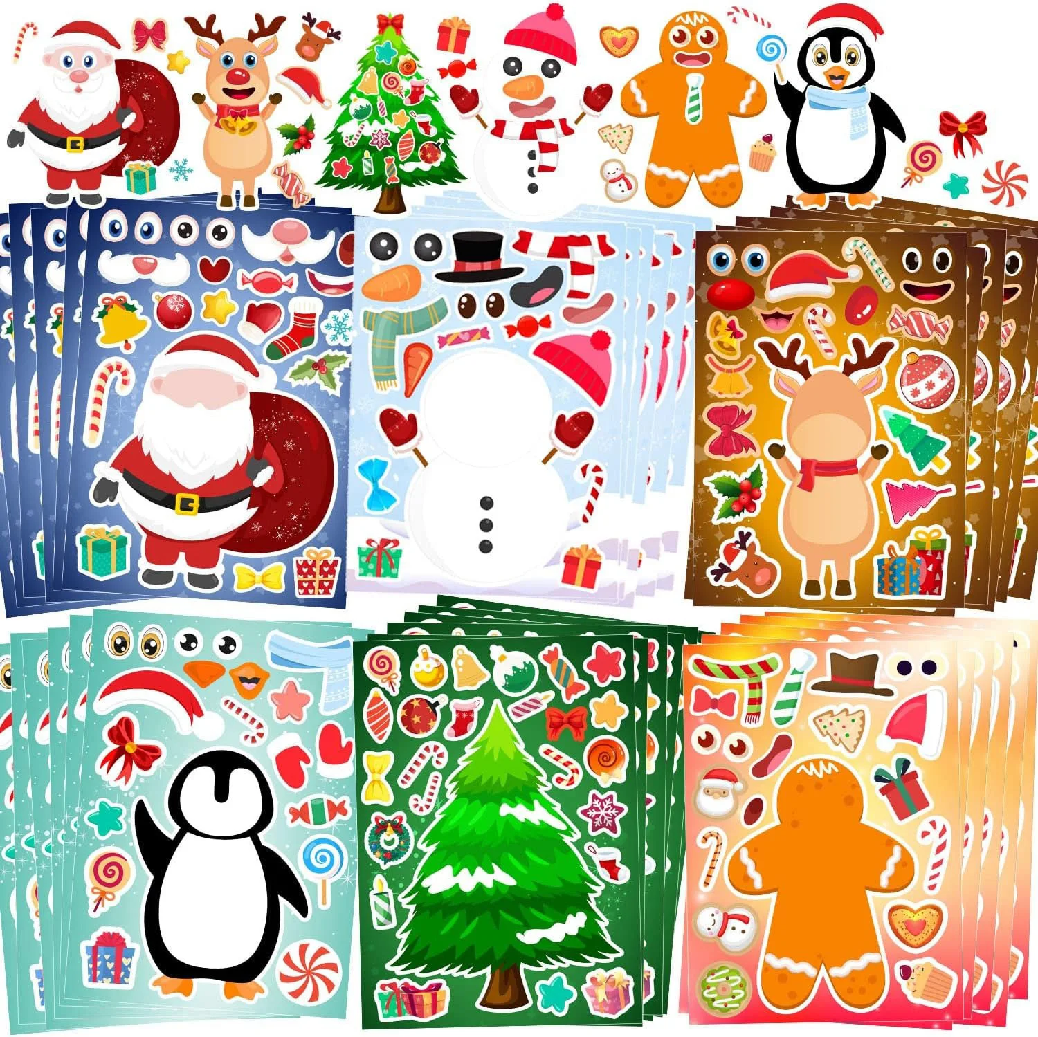 6/12 Vellen Cartoon Kerst Puzzel Stickers Kids DIY Pinguïn Elanden Kerstman Maken Een Gezicht Stickers Kinderen Educatief Speelgoed