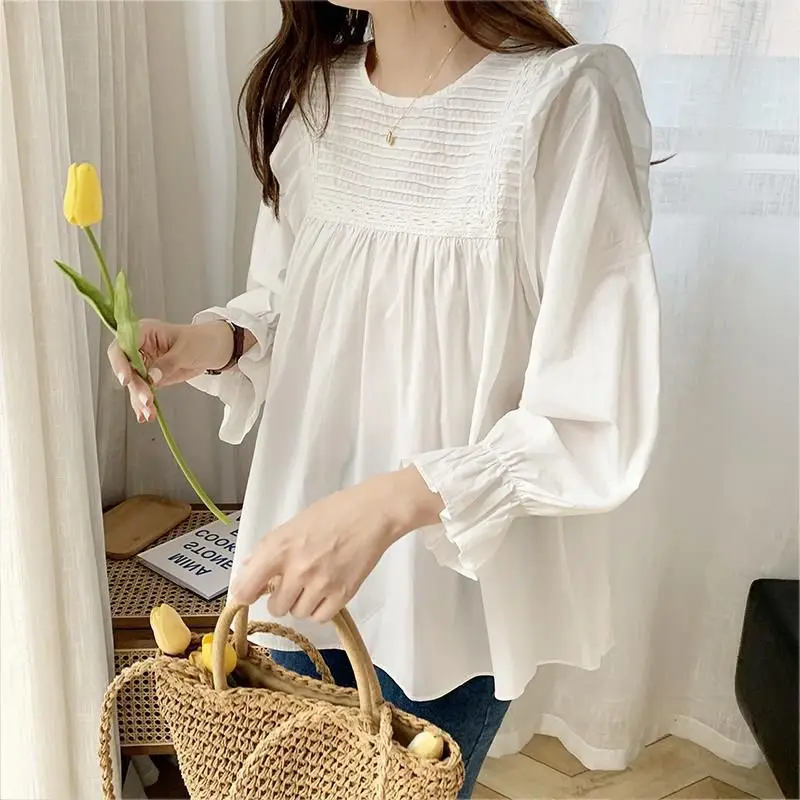 

Fashion Solid Color Loose Pleated Blouse Women New Classic Long Sleeve Korean Literature and Art Lady Pullover Shirt 2026